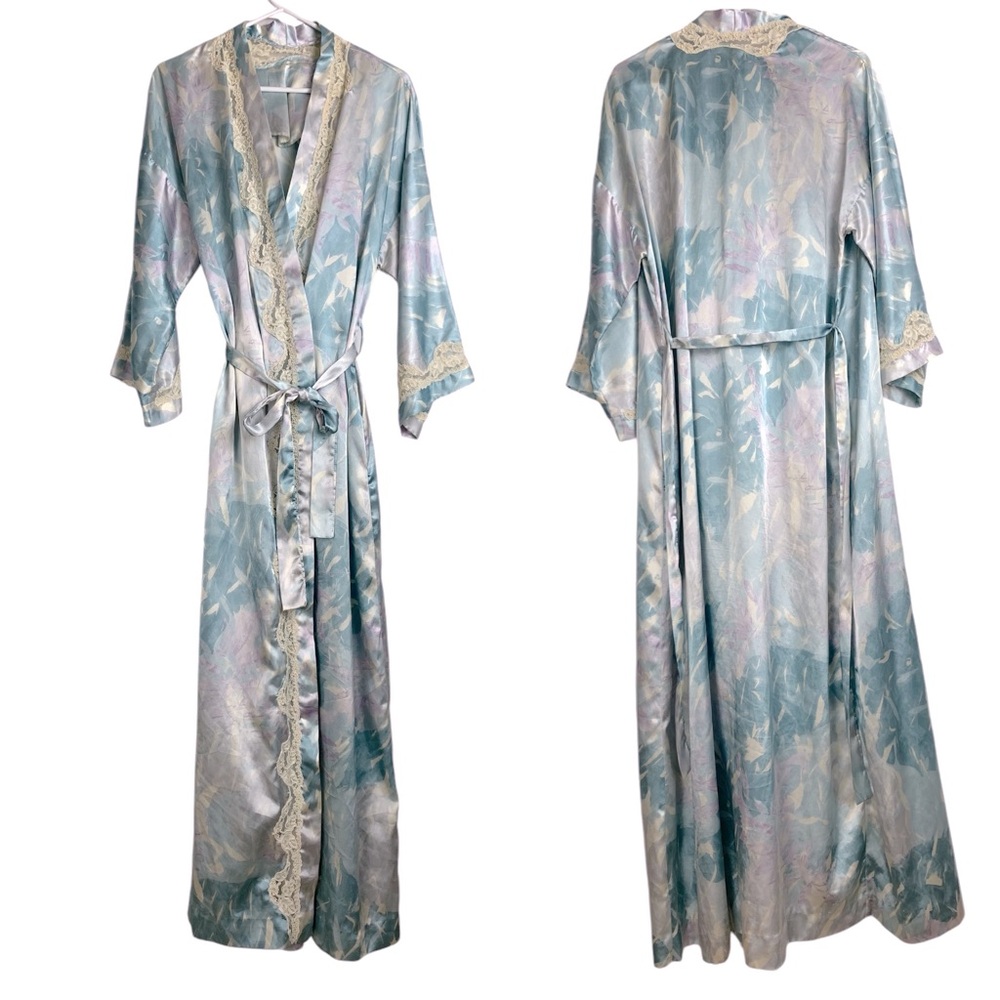 Vintage 1980s Flo Weinberg Floral Satin and Lace Robe Size Medium